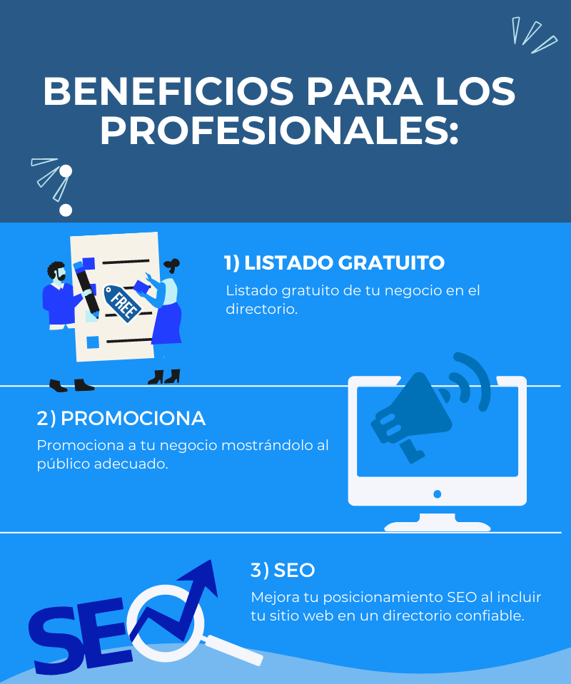 Beneficios para los profesionales: Listado gratuito de tu negocio en el directorio. Ayuda a tu negocio mostrándolo al público adecuado. Mejora tu posicionamiento SEO al incluir tu sitio web en un directorio confiable.