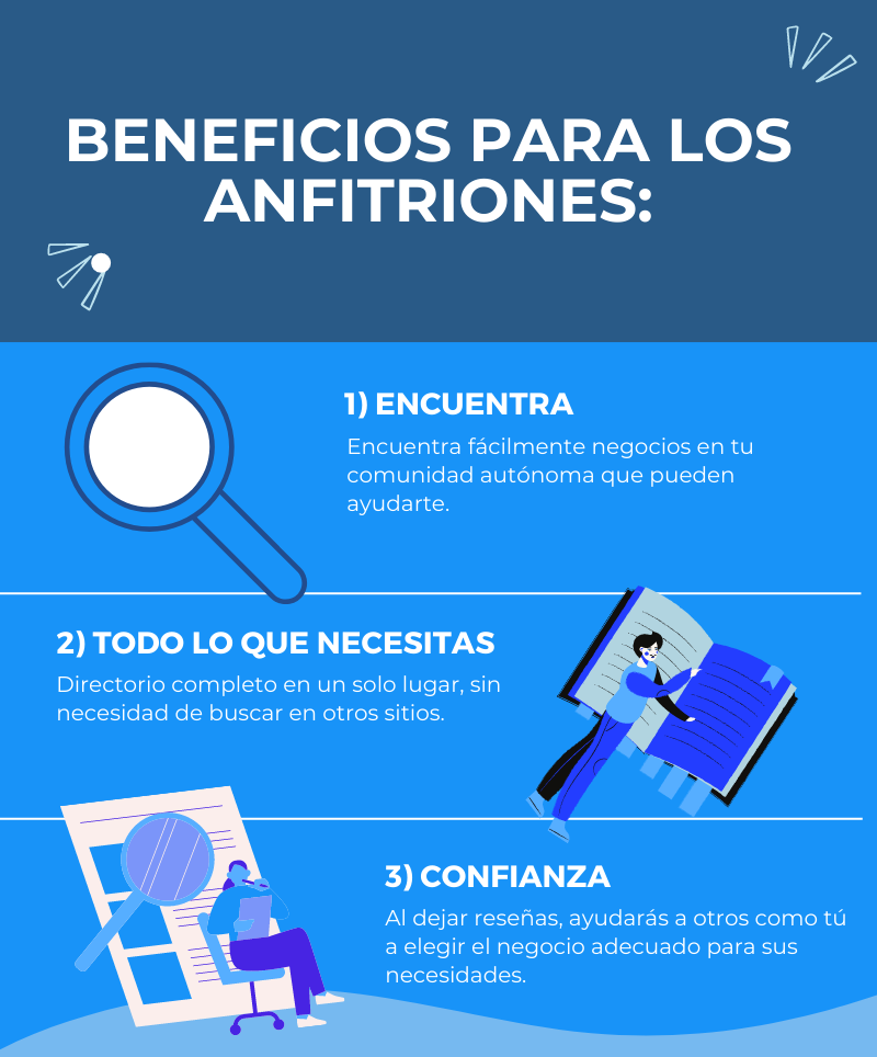 "TuConserje es un directorio completo destinado a pequeñas, medianas y grandes empresas, así como a profesionales autónomos, que ofrecen servicios a propietarios de viviendas turísticas, anfitriones de Airbnb y plataformas similares. Beneficios para los anfitriones: Encuentra fácilmente negocios en tu comunidad autónoma que pueden ayudarte. Directorio completo en un solo lugar, sin necesidad de buscar en otros sitios. Al dejar reseñas, ayudarás a otros como tú a elegir el negocio adecuado para sus necesidades.