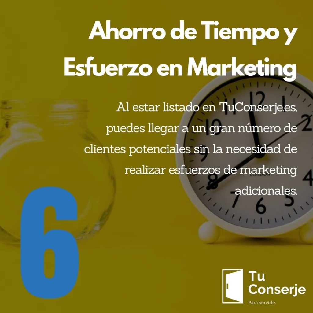 Al estar listado en TuConserje.es, puedes llegar a un gran número de clientes potenciales sin la necesidad de realizar esfuerzos de marketing adicionales. Este directorio hace gran parte del trabajo por ti, lo que te permite centrarte en ofrecer el mejor servicio posible a tus clientes.